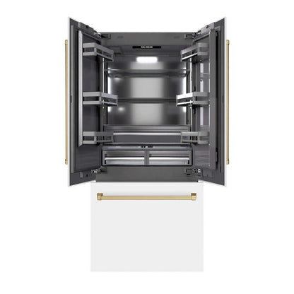ZLINE Autograph Edition 36 in. 19.6 cu. ft. French Door Built-In Bottom Freezer Refrigerator with Water Dispenser and Ice Maker in White Matte with Graphite Gray Interior and Champagne Bronze Accents (GRBIVZ-WM-36-CB) front, refrigeration compartment and bottom freezer drawers open.