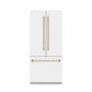 ZLINE Autograph Edition 36 in. 19.6 cu. ft. French Door Built-In Bottom Freezer Refrigerator with Water Dispenser and Ice Maker in White Matte with Graphite Gray Interior and Polished Gold Accents (GRBIVZ-WM-36-G) front, closed.