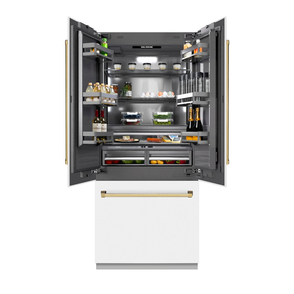 ZLINE Autograph Edition 36 in. 19.6 cu. ft. French Door Built-In Bottom Freezer Refrigerator with Water Dispenser and Ice Maker in White Matte with Graphite Gray Interior and Polished Gold Accents (GRBIVZ-WM-36-G)