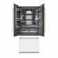 ZLINE Autograph Edition 36 in. 19.6 cu. ft. French Door Built-In Bottom Freezer Refrigerator with Water Dispenser and Ice Maker in White Matte with Graphite Gray Interior and Polished Gold Accents (GRBIVZ-WM-36-G) front, refrigeration compartment open.