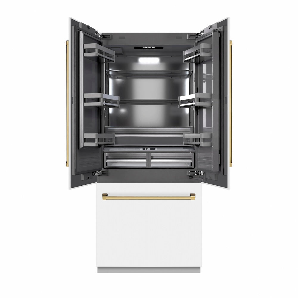 ZLINE Autograph Edition 36 in. 19.6 cu. ft. French Door Built-In Bottom Freezer Refrigerator with Water Dispenser and Ice Maker in White Matte with Graphite Gray Interior and Polished Gold Accents (GRBIVZ-WM-36-G) front, refrigeration compartment open.