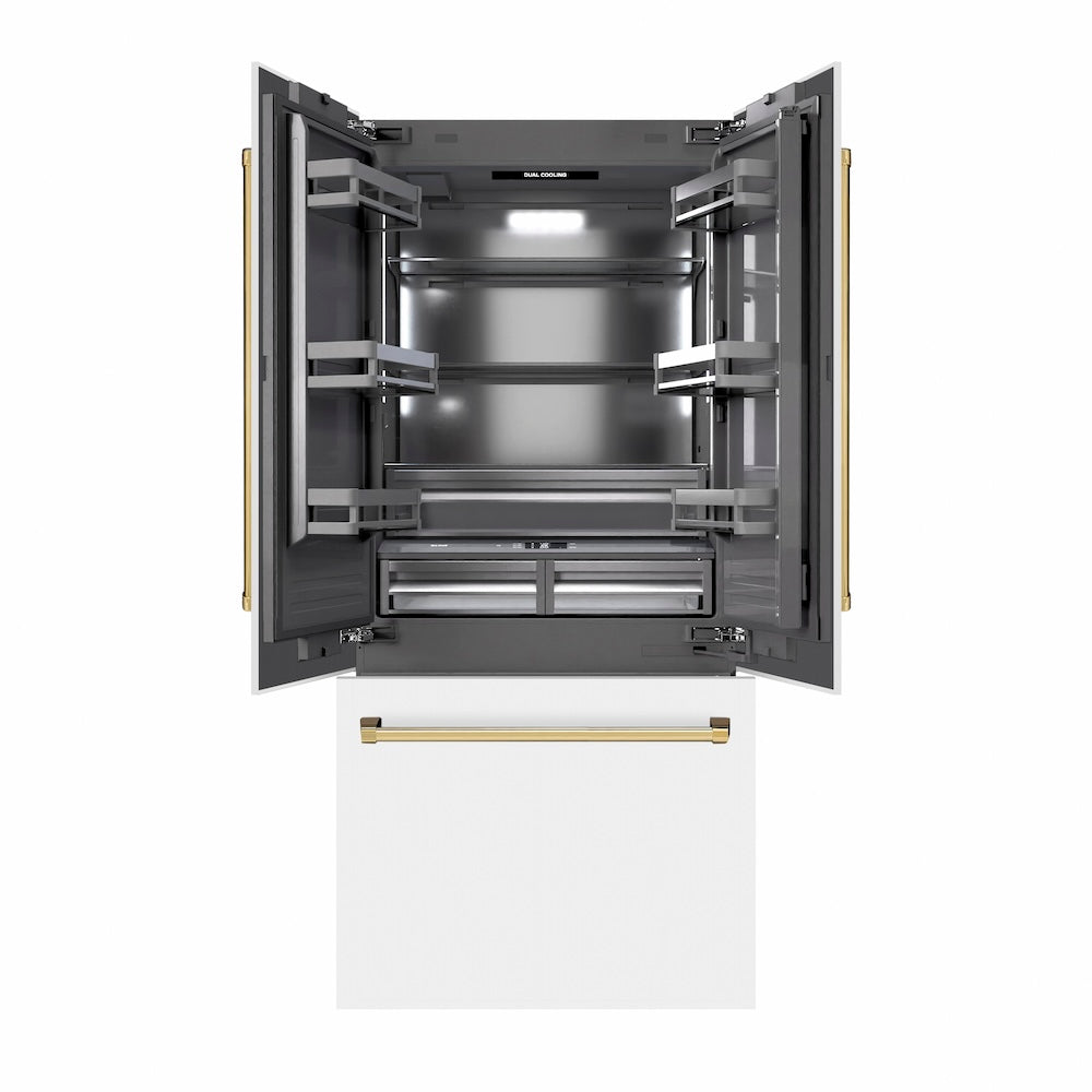 ZLINE Autograph Edition 36 in. 19.6 cu. ft. French Door Built-In Bottom Freezer Refrigerator with Water Dispenser and Ice Maker in White Matte with Graphite Gray Interior and Polished Gold Accents (GRBIVZ-WM-36-G) main image.