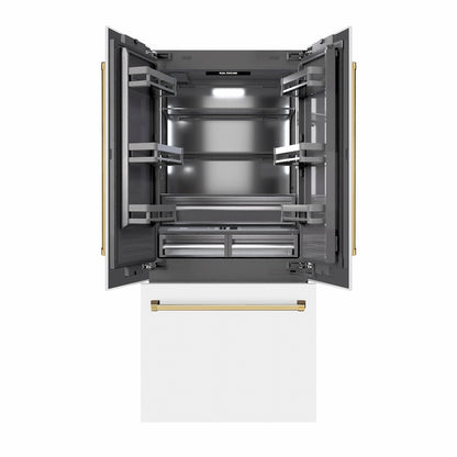ZLINE Autograph Edition 36 in. 19.6 cu. ft. French Door Built-In Bottom Freezer Refrigerator with Water Dispenser and Ice Maker in White Matte with Graphite Gray Interior and Polished Gold Accents (GRBIVZ-WM-36-G) front, refrigeration compartment and bottom freezer drawers open.