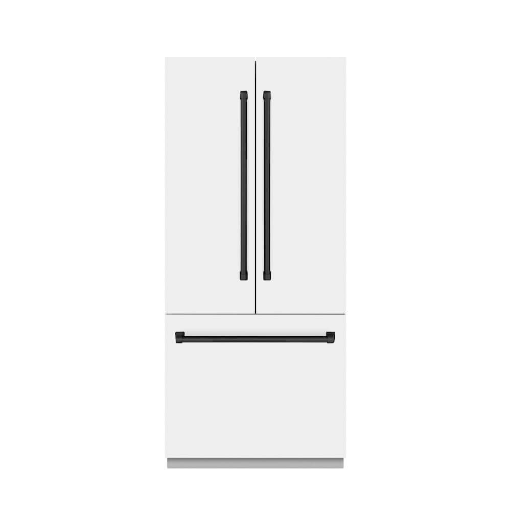 ZLINE Autograph Edition 36 in. 19.6 cu. ft. French Door Built-In Bottom Freezer Refrigerator with Water Dispenser and Ice Maker in White Matte with Graphite Gray Interior and Matte Black Accents (GRBIVZ-WM-36-MB) front, closed.