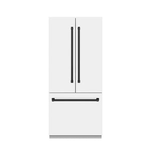 ZLINE Autograph Edition 36 in. 19.6 cu. ft. French Door Built-In Bottom Freezer Refrigerator with Water Dispenser and Ice Maker in White Matte with Graphite Gray Interior and Matte Black Accents (GRBIVZ-WM-36-MB) front, closed.