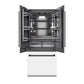 ZLINE Autograph Edition 36 in. 19.6 cu. ft. French Door Built-In Bottom Freezer Refrigerator with Water Dispenser and Ice Maker in White Matte with Graphite Gray Interior and Matte Black Accents (GRBIVZ-WM-36-MB) front, refrigeration compartment open.