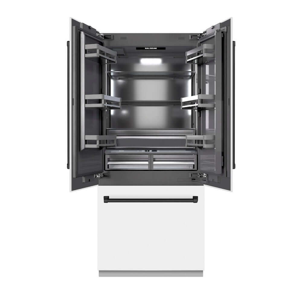 ZLINE Autograph Edition 36 in. 19.6 cu. ft. French Door Built-In Bottom Freezer Refrigerator with Water Dispenser and Ice Maker in White Matte with Graphite Gray Interior and Matte Black Accents (GRBIVZ-WM-36-MB) front, refrigeration compartment open.