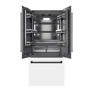 ZLINE Autograph Edition 36 in. 19.6 cu. ft. French Door Built-In Bottom Freezer Refrigerator with Water Dispenser and Ice Maker in White Matte with Graphite Gray Interior and Matte Black Accents (GRBIVZ-WM-36-MB) main image.