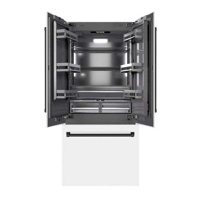 ZLINE Autograph Edition 36 in. 19.6 cu. ft. French Door Built-In Bottom Freezer Refrigerator with Water Dispenser and Ice Maker in White Matte with Graphite Gray Interior and Matte Black Accents (GRBIVZ-WM-36-MB) front, refrigeration compartment and bottom freezer drawers open.