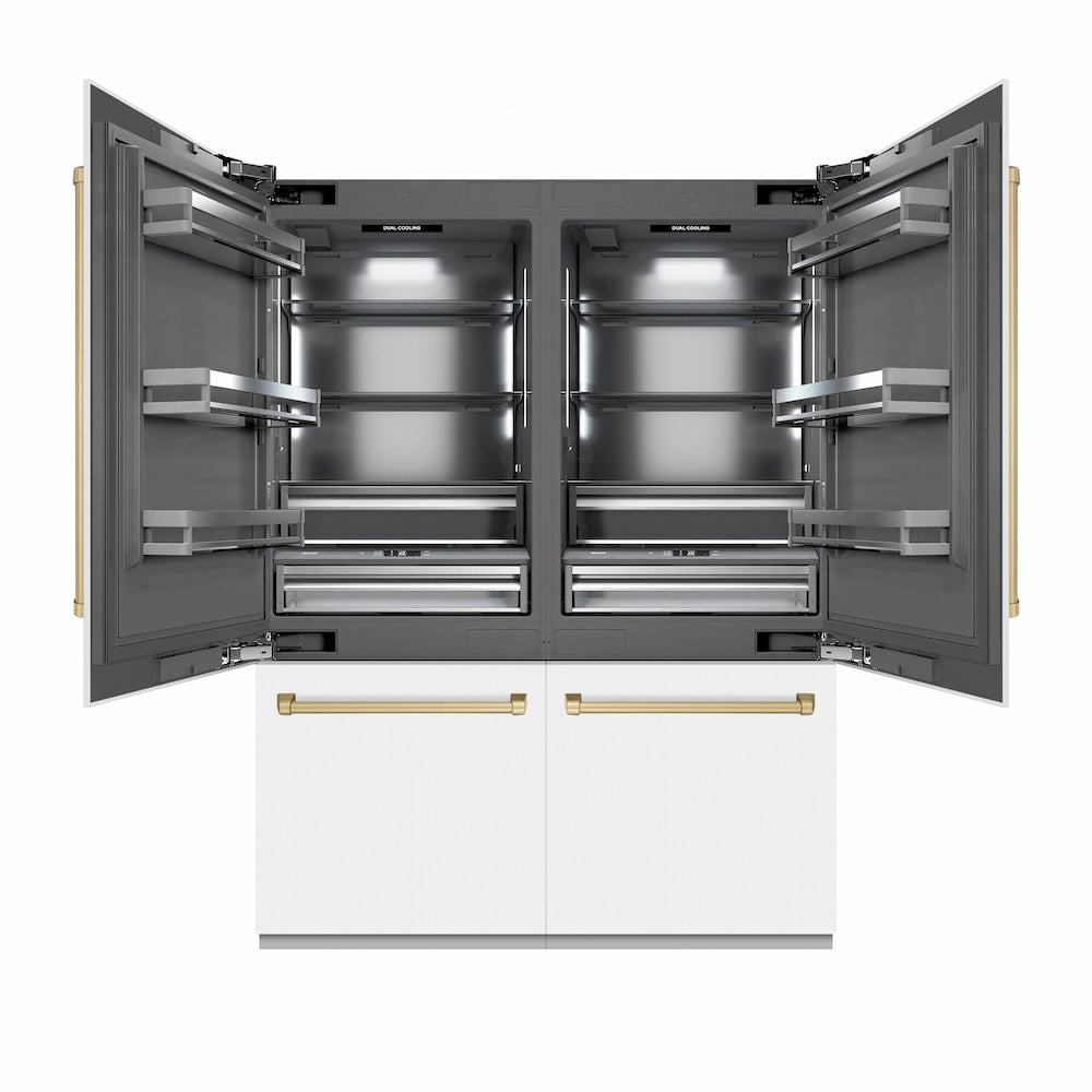 ZLINE Autograph Edition 60 in. 32.2 cu. ft. French Door Built-In Bottom Freezer Refrigerator with Water Dispenser and Ice Maker in White Matte with Graphite Gray Interior and Champagne Bronze Accents (GRBIVZ-WM-60-CB) main image.