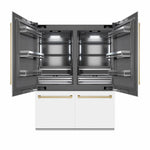 ZLINE Autograph Edition 60 in. 32.2 cu. ft. French Door Built-In Bottom Freezer Refrigerator with Water Dispenser and Ice Maker in White Matte with Graphite Gray Interior and Champagne Bronze Accents (GRBIVZ-WM-60-CB) front, refrigeration compartment open.