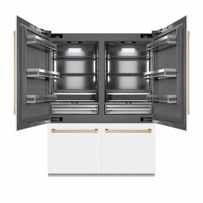 ZLINE Autograph Edition 60 in. 32.2 cu. ft. French Door Built-In Bottom Freezer Refrigerator with Water Dispenser and Ice Maker in White Matte with Graphite Gray Interior and Champagne Bronze Accents (GRBIVZ-WM-60-CB) front, refrigeration compartment open.