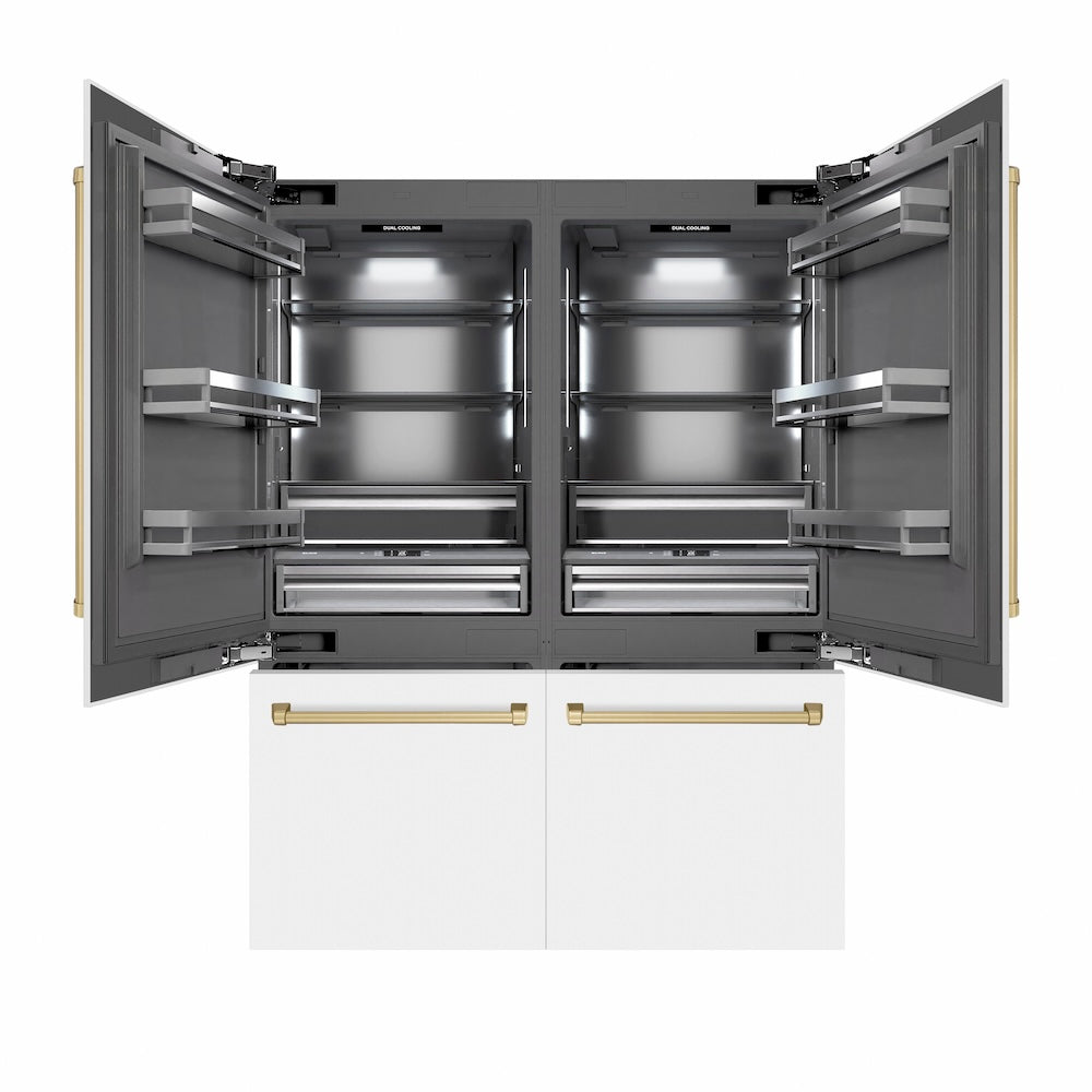 ZLINE Autograph Edition 60 in. 32.2 cu. ft. French Door Built-In Bottom Freezer Refrigerator with Water Dispenser and Ice Maker in White Matte with Graphite Gray Interior and Champagne Bronze Accents (GRBIVZ-WM-60-CB) front, refrigeration compartment and bottom freezer drawers open.