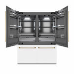 ZLINE Autograph Edition 60 in. 32.2 cu. ft. French Door Built-In Bottom Freezer Refrigerator with Water Dispenser and Ice Maker in White Matte with Graphite Gray Interior and Polished Gold Accents (GRBIVZ-WM-60-G) front, refrigeration compartment open.