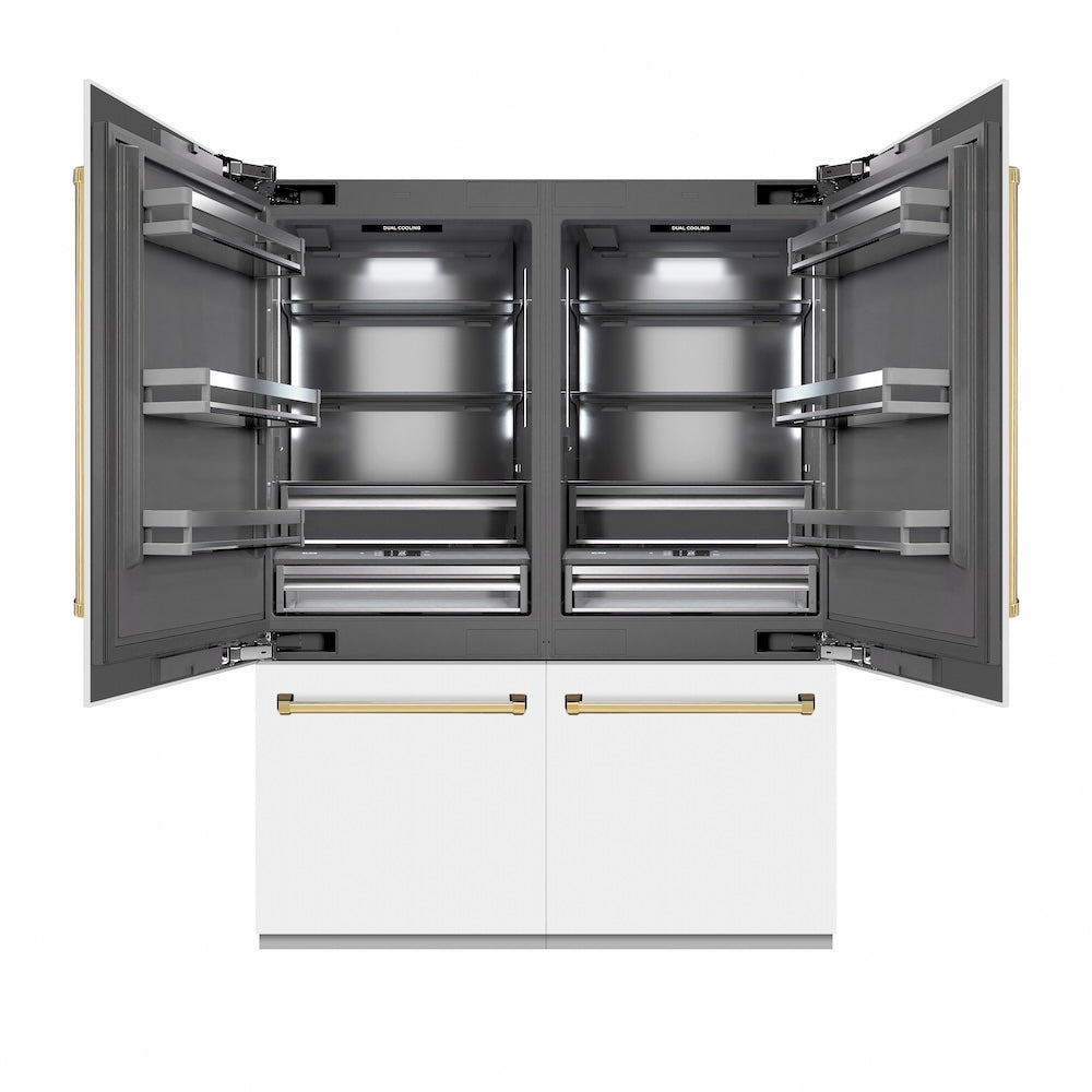 ZLINE Autograph Edition 60 in. 32.2 cu. ft. French Door Built-In Bottom Freezer Refrigerator with Water Dispenser and Ice Maker in White Matte with Graphite Gray Interior and Polished Gold Accents (GRBIVZ-WM-60-G) front, refrigeration compartment open.