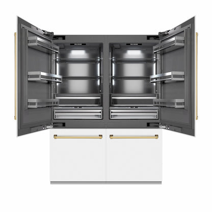 ZLINE Autograph Edition 60 in. 32.2 cu. ft. French Door Built-In Bottom Freezer Refrigerator with Water Dispenser and Ice Maker in White Matte with Graphite Gray Interior and Polished Gold Accents (GRBIVZ-WM-60-G) front, refrigeration compartment open.