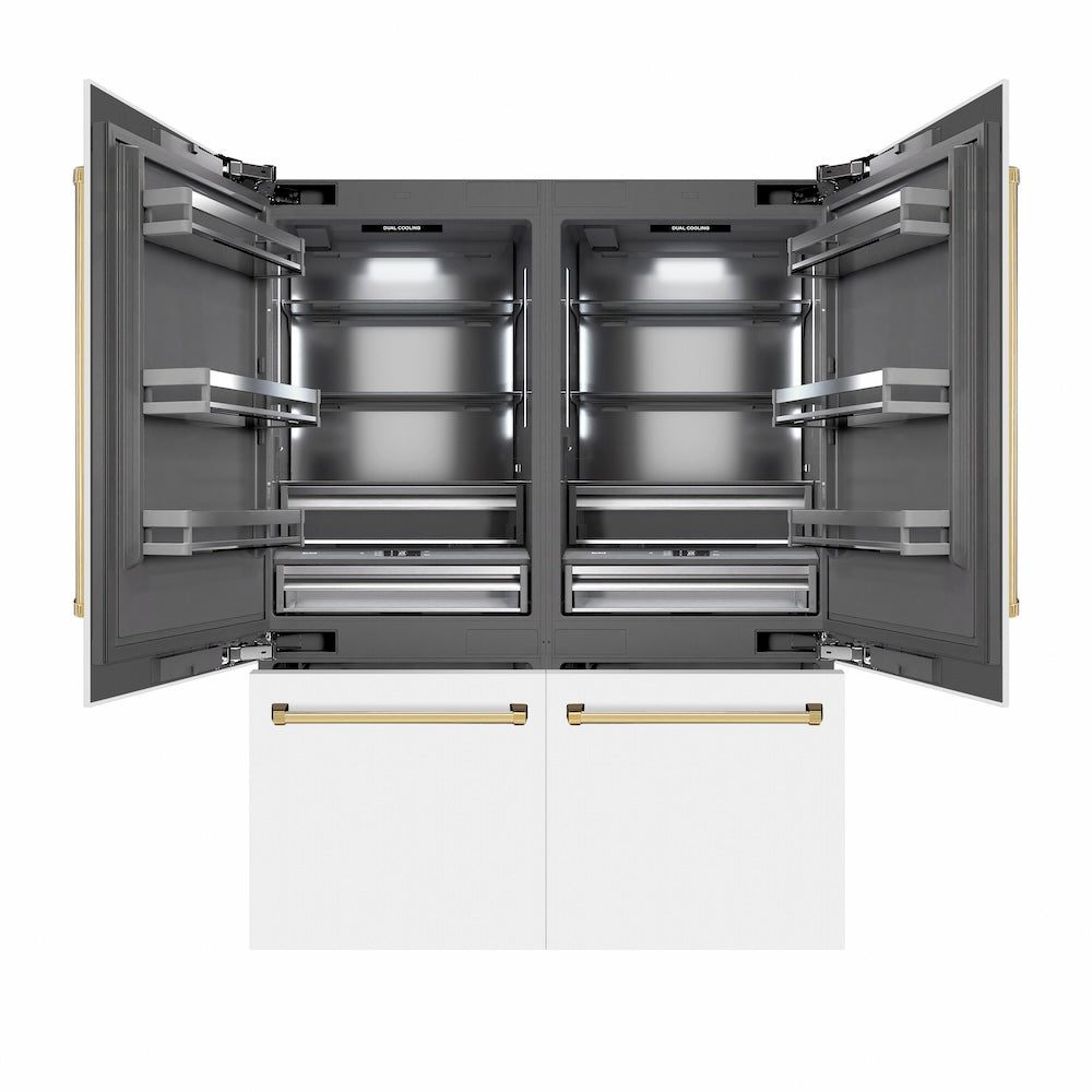 ZLINE Autograph Edition 60 in. 32.2 cu. ft. French Door Built-In Bottom Freezer Refrigerator with Water Dispenser and Ice Maker in White Matte with Graphite Gray Interior and Polished Gold Accents (GRBIVZ-WM-60-G) front, refrigeration compartment and bottom freezer drawers open.