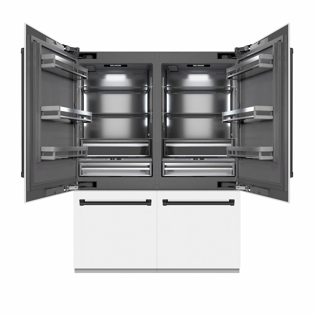 ZLINE Autograph Edition 60 in. 32.2 cu. ft. French Door Built-In Bottom Freezer Refrigerator with Water Dispenser and Ice Maker in White Matte with Graphite Gray Interior and Matte Black Accents (GRBIVZ-WM-60-MB) main image.