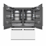 ZLINE Autograph Edition 60 in. 32.2 cu. ft. French Door Built-In Bottom Freezer Refrigerator with Water Dispenser and Ice Maker in White Matte with Graphite Gray Interior and Matte Black Accents (GRBIVZ-WM-60-MB) front, refrigeration compartment open.