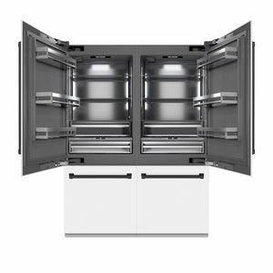 ZLINE Autograph Edition 60 in. 32.2 cu. ft. French Door Built-In Bottom Freezer Refrigerator with Water Dispenser and Ice Maker in White Matte with Graphite Gray Interior and Matte Black Accents (GRBIVZ-WM-60-MB) main image.