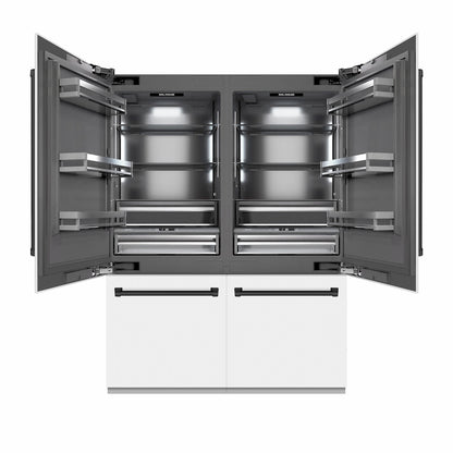 ZLINE Autograph Edition 60 in. 32.2 cu. ft. French Door Built-In Bottom Freezer Refrigerator with Water Dispenser and Ice Maker in White Matte with Graphite Gray Interior and Matte Black Accents (GRBIVZ-WM-60-MB) front, refrigeration compartment open.