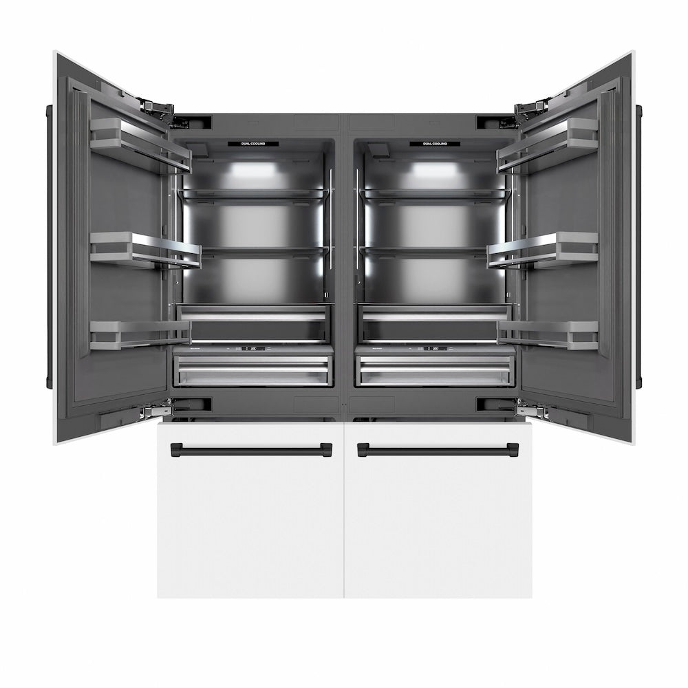 ZLINE Autograph Edition 60 in. 32.2 cu. ft. French Door Built-In Bottom Freezer Refrigerator with Water Dispenser and Ice Maker in White Matte with Graphite Gray Interior and Matte Black Accents (GRBIVZ-WM-60-MB) front, refrigeration compartment and bottom freezer drawers open.