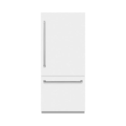 ZLINE 36 in. 19.8 cu. ft. Built-In Bottom Freezer Refrigerator with Water Dispenser and Ice Maker in White Matte (RBIT-WM-36) front, closed.