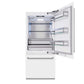 ZLINE 36 in. 19.8 cu. ft. Built-In Bottom Freezer Refrigerator with Water Dispenser and Ice Maker in White Matte (RBIT-WM-36) front, refrigeration compartment open.
