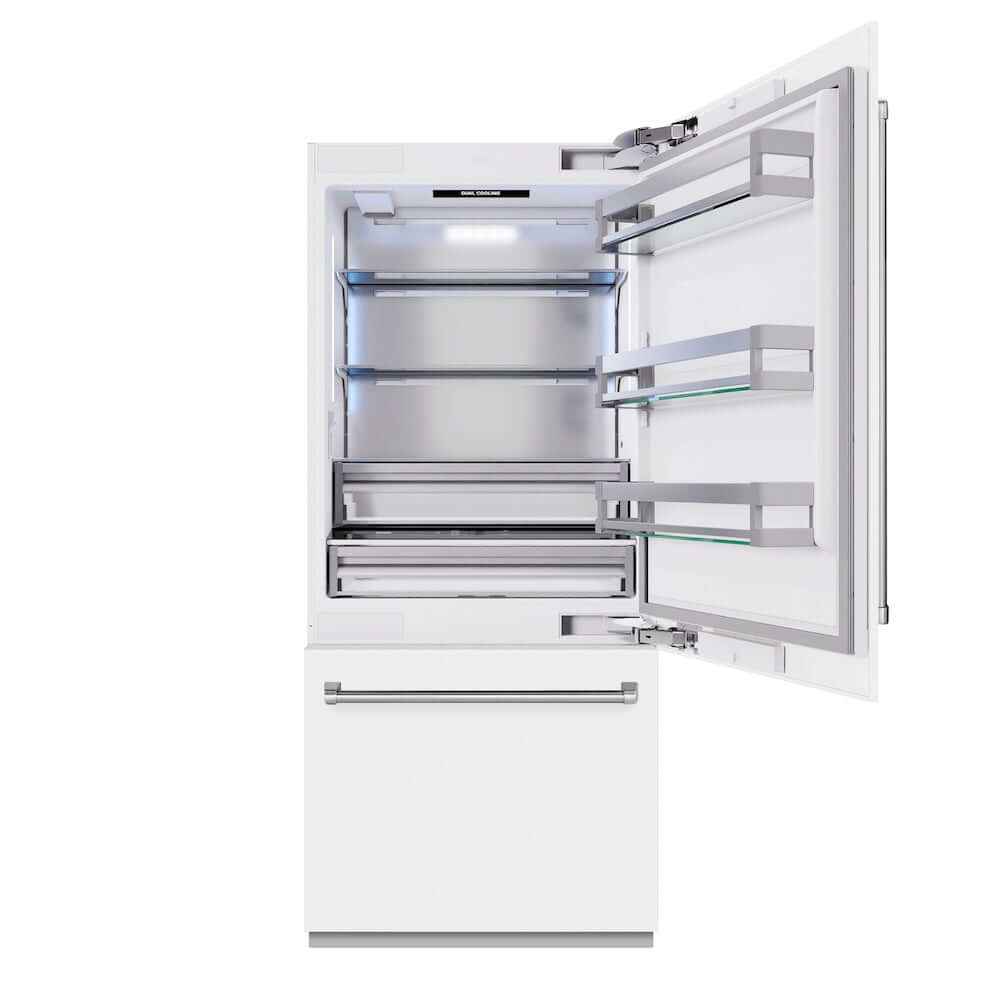 ZLINE 36 in. 19.8 cu. ft. Built-In Bottom Freezer Refrigerator with Water Dispenser and Ice Maker in White Matte (RBIT-WM-36) front, refrigeration compartment open.