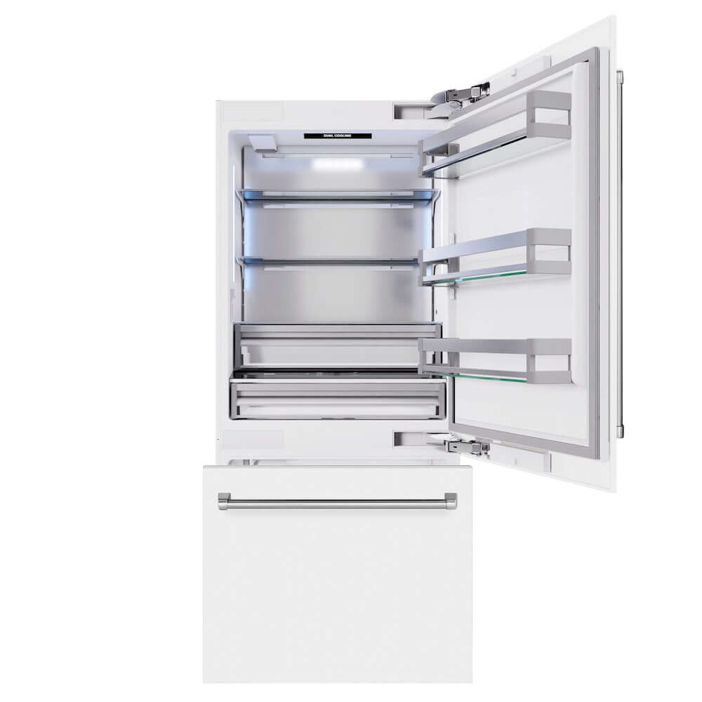 ZLINE 36 in. 19.8 cu. ft. Built-In Bottom Freezer Refrigerator with Water Dispenser and Ice Maker in White Matte (RBIT-WM-36) front, refrigeration compartment and bottom freezer drawers open.