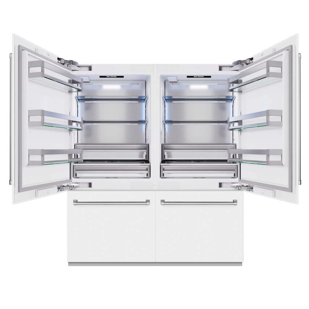 ZLINE 72 in. 39.6 cu. ft. French Door Built-In Bottom Freezer Refrigerator with Water Dispensers and Ice Makers in White Matte (RBIT-WM-72) front, refrigeration compartment open.