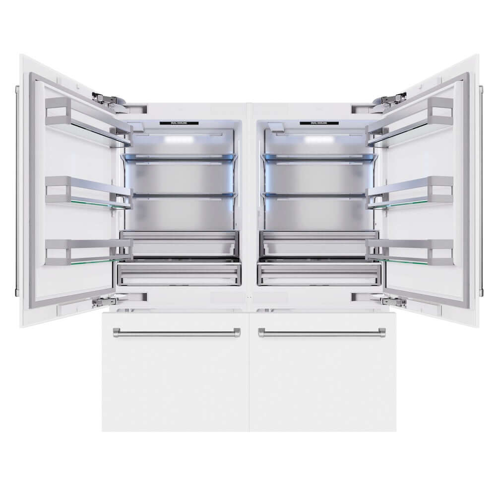 ZLINE 72 in. 39.6 cu. ft. French Door Built-In Bottom Freezer Refrigerator with Water Dispensers and Ice Makers in White Matte (RBIT-WM-72) front, refrigeration compartment and bottom freezer drawers open.