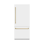 ZLINE Autograph Edition 36 in. 19.8 cu. ft. Built-In Bottom Freezer Refrigerator with Water Dispenser and Ice Maker in White Matte and Champagne Bronze Accents (RBITZ-WM-36-CB) front, closed.