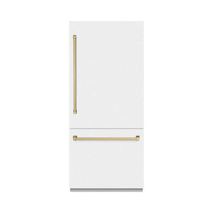 ZLINE Autograph Edition 36 in. 19.8 cu. ft. Built-In Bottom Freezer Refrigerator with Water Dispenser and Ice Maker in White Matte and Champagne Bronze Accents (RBITZ-WM-36-CB) main image.