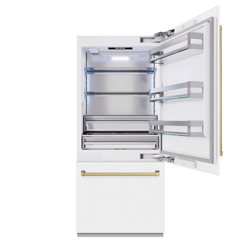 ZLINE Autograph Edition 36 in. 19.8 cu. ft. Built-In Bottom Freezer Refrigerator with Water Dispenser and Ice Maker in White Matte and Champagne Bronze Accents (RBITZ-WM-36-CB) front, refrigeration compartment open.