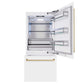 ZLINE Autograph Edition 36 in. 19.8 cu. ft. Built-In Bottom Freezer Refrigerator with Water Dispenser and Ice Maker in White Matte and Champagne Bronze Accents (RBITZ-WM-36-CB) front, refrigeration compartment and bottom freezer drawers open.
