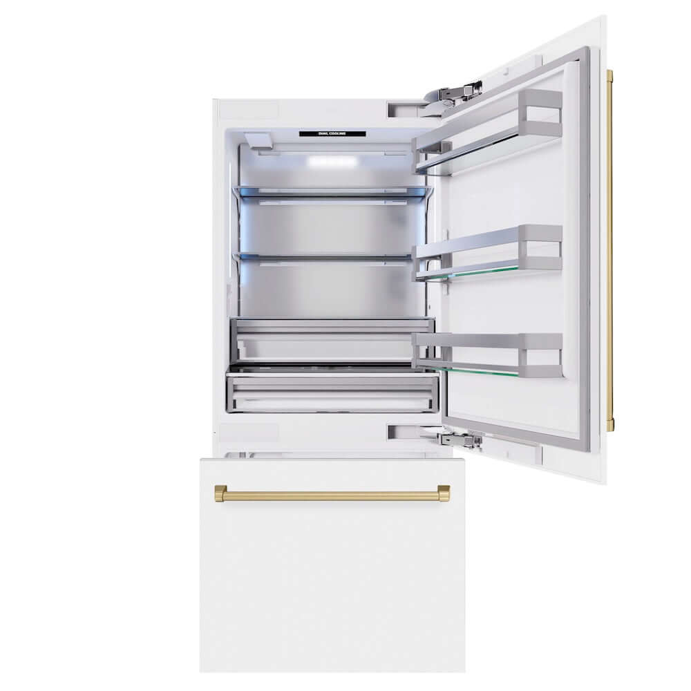 ZLINE Autograph Edition 36 in. 19.8 cu. ft. Built-In Bottom Freezer Refrigerator with Water Dispenser and Ice Maker in White Matte and Champagne Bronze Accents (RBITZ-WM-36-CB) front, refrigeration compartment and bottom freezer drawers open.