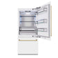 ZLINE Autograph Edition 36 in. 19.8 cu. ft. Built-In Bottom Freezer Refrigerator with Water Dispenser and Ice Maker in White Matte and Polished Gold Accents (RBITZ-WM-36-G) front, refrigeration compartment open.