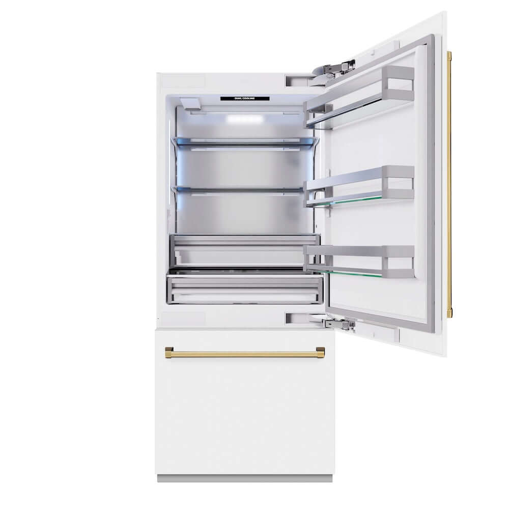 ZLINE Autograph Edition 36 in. 19.8 cu. ft. Built-In Bottom Freezer Refrigerator with Water Dispenser and Ice Maker in White Matte and Polished Gold Accents (RBITZ-WM-36-G) front, refrigeration compartment open.