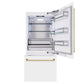 ZLINE Autograph Edition 36 in. 19.8 cu. ft. Built-In Bottom Freezer Refrigerator with Water Dispenser and Ice Maker in White Matte and Polished Gold Accents (RBITZ-WM-36-G) front, refrigeration compartment and bottom freezer drawers open.