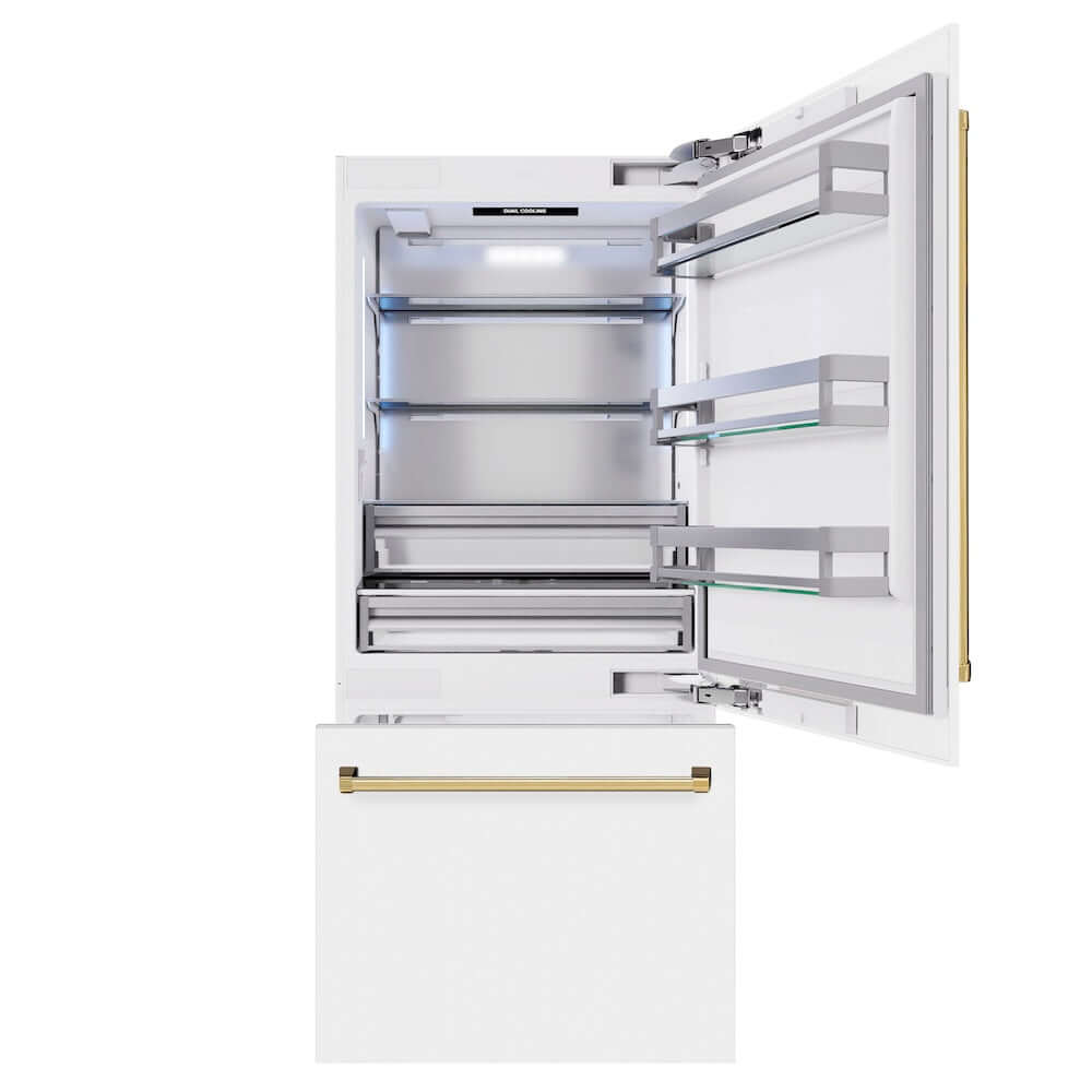 ZLINE Autograph Edition 36 in. 19.8 cu. ft. Built-In Bottom Freezer Refrigerator with Water Dispenser and Ice Maker in White Matte and Polished Gold Accents (RBITZ-WM-36-G) front, refrigeration compartment and bottom freezer drawers open.