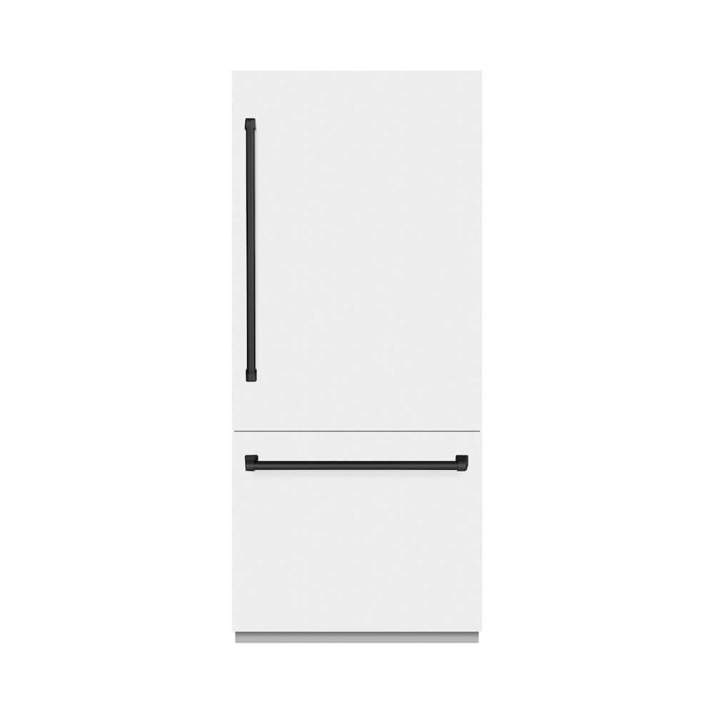 ZLINE Autograph Edition 36 in. 19.8 cu. ft. Built-In Bottom Freezer Refrigerator with Water Dispenser and Ice Maker in White Matte and Matte Black Accents (RBITZ-WM-36-MB) front, closed.