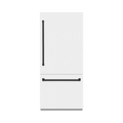 ZLINE Autograph Edition 36 in. 19.8 cu. ft. Built-In Bottom Freezer Refrigerator with Water Dispenser and Ice Maker in White Matte and Matte Black Accents (RBITZ-WM-36-MB) front, closed.