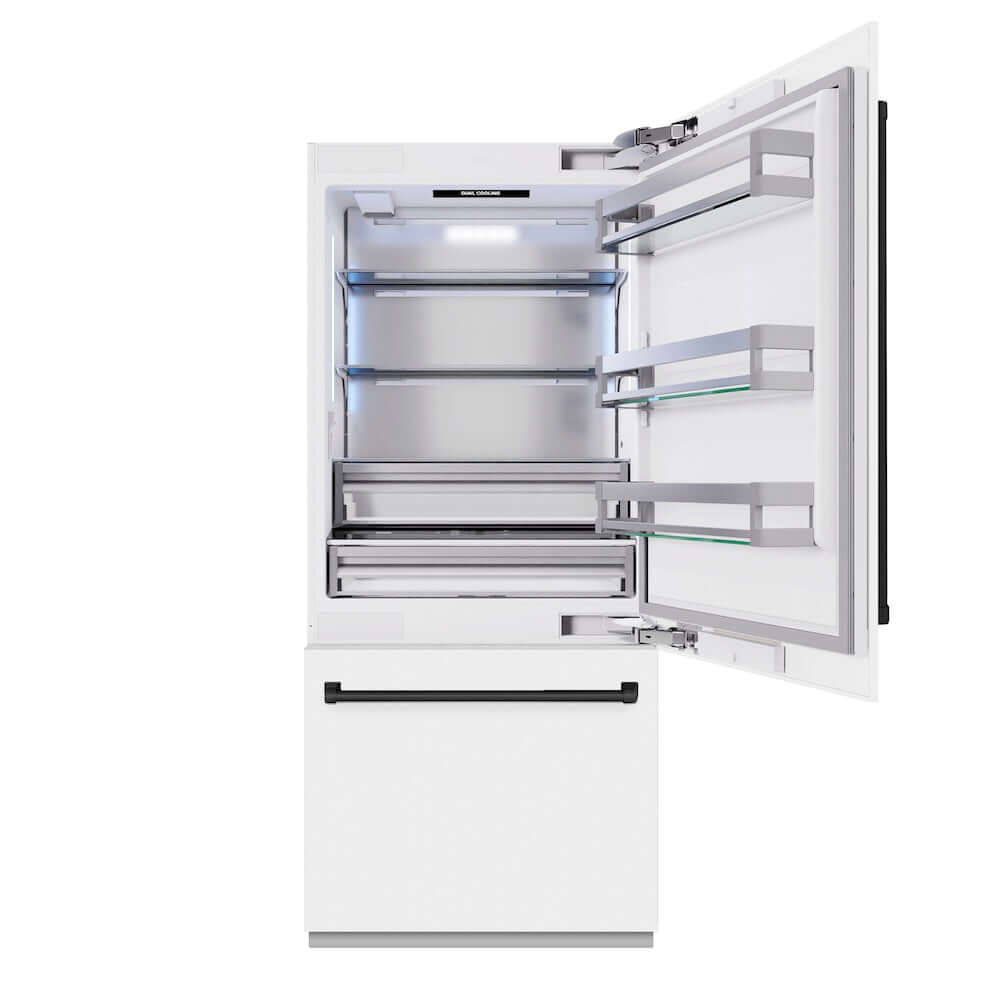 ZLINE Autograph Edition 36 in. 19.8 cu. ft. Built-In Bottom Freezer Refrigerator with Water Dispenser and Ice Maker in White Matte and Matte Black Accents (RBITZ-WM-36-MB) front, refrigeration compartment open.