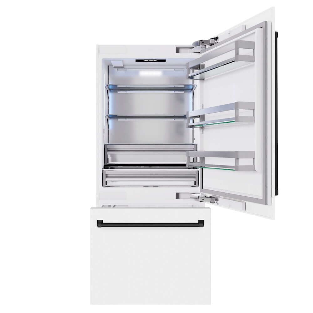ZLINE Autograph Edition 36 in. 19.8 cu. ft. Built-In Bottom Freezer Refrigerator with Water Dispenser and Ice Maker in White Matte and Matte Black Accents (RBITZ-WM-36-MB) front, refrigeration compartment and bottom freezer drawers open.