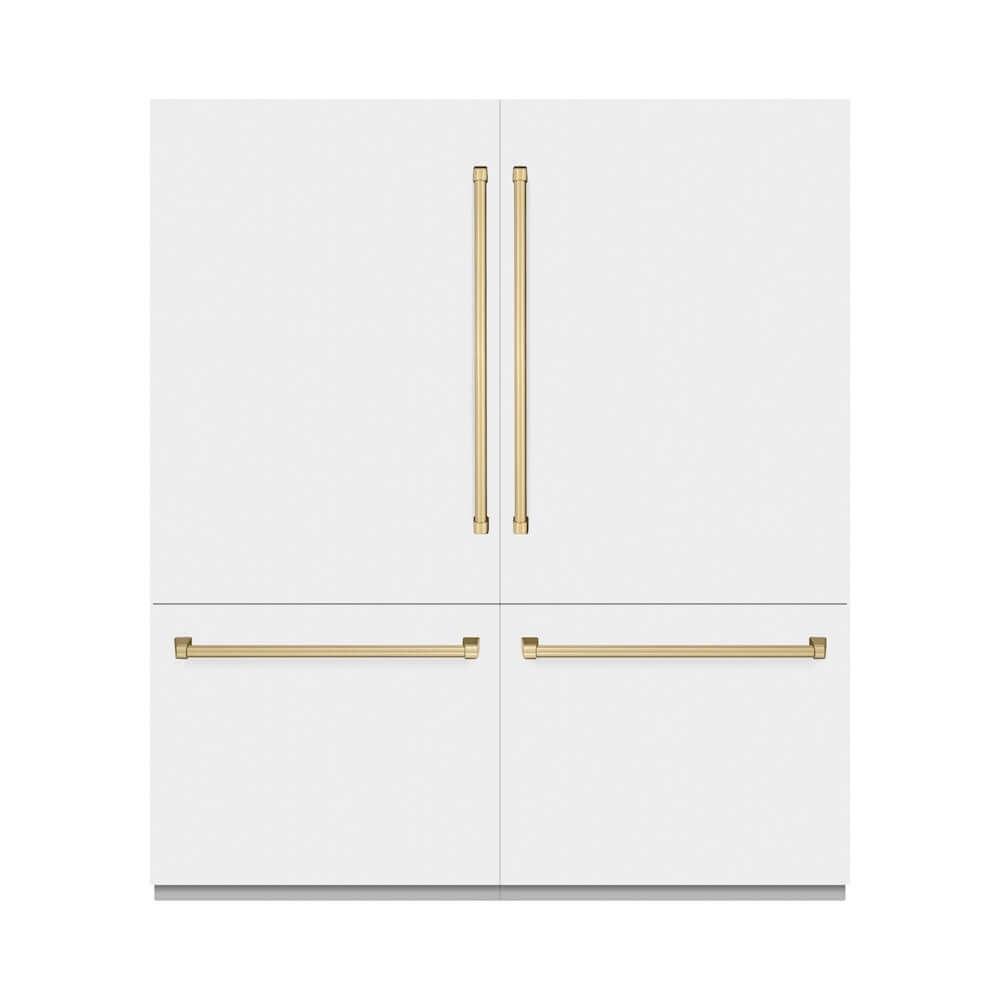 ZLINE Autograph Edition 72 in. 39.6 cu. ft. French Door Built-In Bottom Freezer Refrigerator with Water Dispensers and Ice Makers in White Matte and Champagne Bronze Accents (RBITZ-WM-72-CB) front, closed.