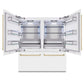 ZLINE Autograph Edition 72 in. 39.6 cu. ft. French Door Built-In Bottom Freezer Refrigerator with Water Dispensers and Ice Makers in White Matte and Champagne Bronze Accents (RBITZ-WM-72-CB) front, refrigeration compartment open.