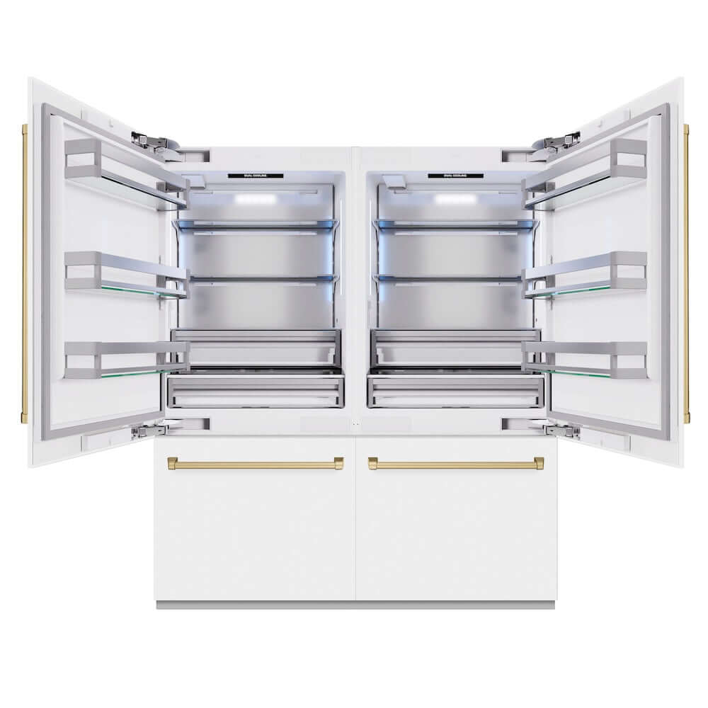 ZLINE Autograph Edition 72 in. 39.6 cu. ft. French Door Built-In Bottom Freezer Refrigerator with Water Dispensers and Ice Makers in White Matte and Champagne Bronze Accents (RBITZ-WM-72-CB) front, refrigeration compartment open.
