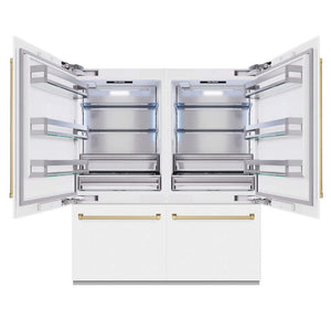 ZLINE Autograph Edition 72 in. 39.6 cu. ft. French Door Built-In Bottom Freezer Refrigerator with Water Dispensers and Ice Makers in White Matte and Champagne Bronze Accents (RBITZ-WM-72-CB) front, refrigeration compartment open.