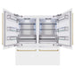ZLINE Autograph Edition 72 in. 39.6 cu. ft. French Door Built-In Bottom Freezer Refrigerator with Water Dispensers and Ice Makers in White Matte and Champagne Bronze Accents (RBITZ-WM-72-CB) front, refrigeration compartment and bottom freezer drawers open.